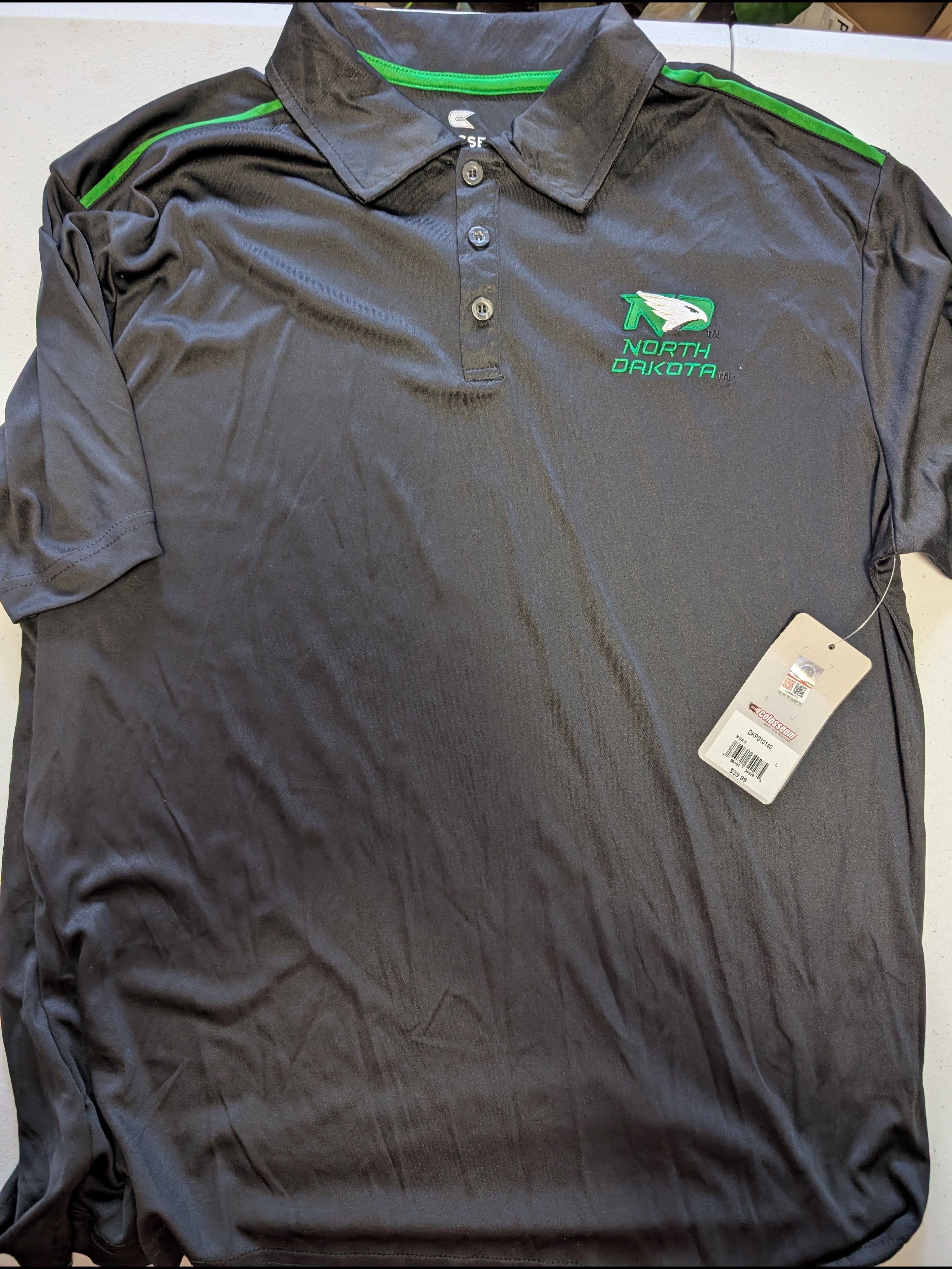 Colosseum Black Polo With Green Accents And North Dakota Logo